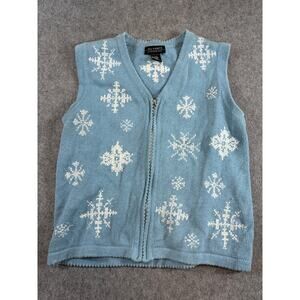 Vintage 90s All Points Zip Up Vest Sweater Womens Medium Blue Snowflakes Knit